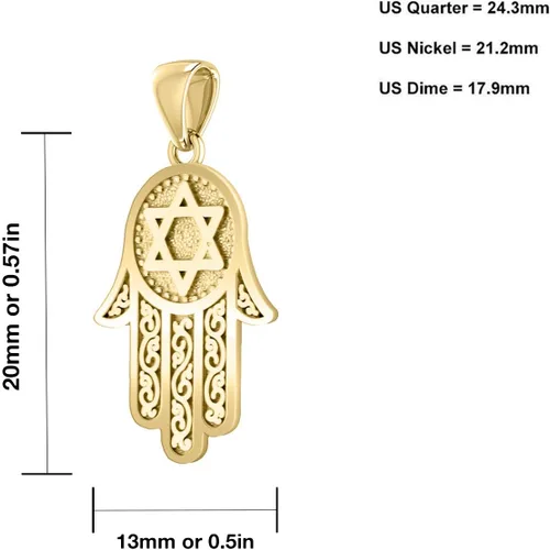 Vista 3 de Colgante de oro amarillo de 14 quilates para mujer, mano de Hamsa y estrella de David, 0.787 in, Metal