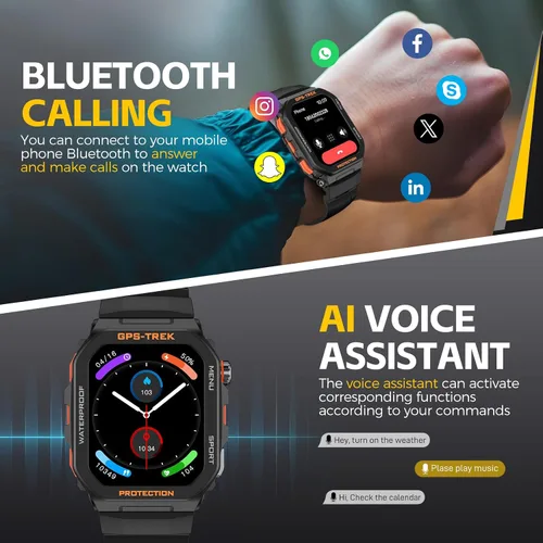 Vista 5 de Relojes inteligentes militares para hombres con GPS integrado con llamada Bluetooth de 1.75 pulgadas, pantalla grande, resistente y táctico, reloj