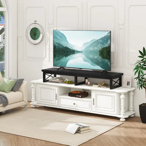 Vista 2 de IBUYKE Elevador de TV grande de 45" para TV de 32-60 pulgadas, Soporte de TV corto de sobremesa con almacenamiento y patas de acero, Escritorio
