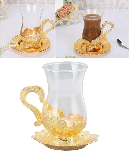 Vista 9 de Tazas de café doradas, gabinete de vino de aleación de zinc, platillo dorado para taza de té con mesa de té, taza de agua para exquisitos