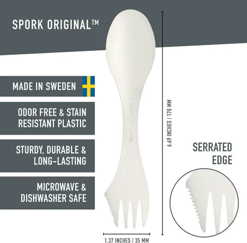 Vista 2 de Light My Fire Spork Original Paquete de 4 - Combinación 3 en 1 de Cuchara Tenedor Cuchillo para Acampar, Utensilios Reutilizables de Viaje