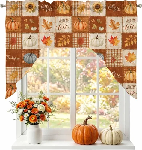Vista 30 de Thanksgiving Fall Swag Kitchen Curtain Sets with Valance, Orange White Pumpkins 3 Pieces Curtain Drapes Rod Pocket for Bedroom Living Room Bathroom