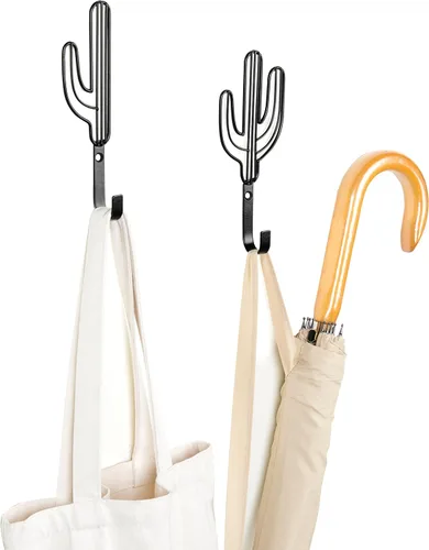 Vista 2 de MyGift Ganchos de metal negro modernos montados en la pared con alambre Saguaro Cactus formas a juego para colgar sombreros, abrigos, toallas