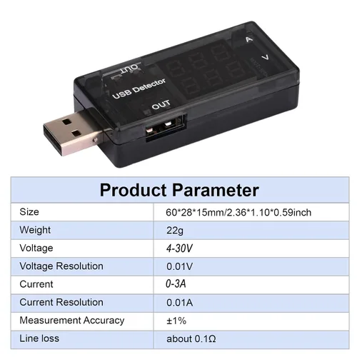 Vista 3 de Medidor de potencia USB, medidor de corriente y voltaje digital CC con pantalla azul y roja, amperímetro USB multifunción para probador USB-C