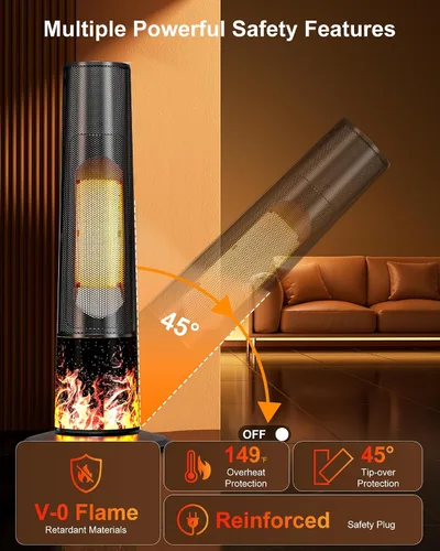 Vista 3 de Calentador de espacio eléctrico, calentadores de cerámica PTC de 1500 W para interiores con control remoto, oscilación de 70°, temporizador de 1 a