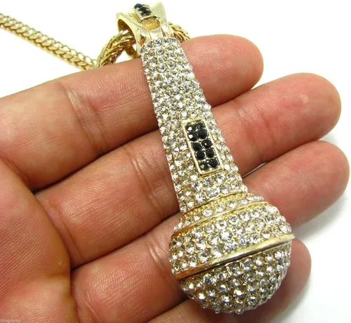 Vista 5 de Colgante de micrófono con acabado de oro helado con dije de micrófono con cadena Franco de 36 pulgadas Hip Hop, Metal