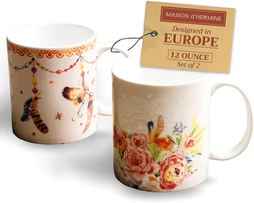 Vista 136 de Maison d' Hermine Taza de café con asas, tazas de porcelana fina de hueso, paquete de una taza de té para bebidas calientes, capuchino, latte
