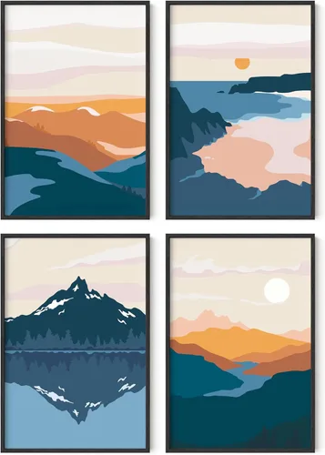 Vista 20 de HAUS AND HUES Arte de pared de montaña – Juego de 4 decoración de paisaje moderno de mediados de siglo, naturaleza y arte moderno Marco beige de 8