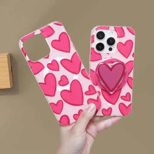 Vista 5 de Funda para iPhone 16 Pro Max, corazón rosa con agarre redondo para teléfono, compatible con soporte MagSafe para niñas y mujeres, funda protectora