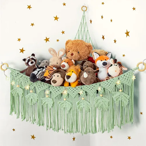 Vista 10 de ANROYE Hamaca de Red de Juguetes de Animales de Peluche de Macramé con Luz de Estrella, Almacenamiento Boho de Peluches Pequeños para Guardería