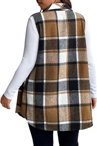 Vista 2 de Mina self Chaleco a cuadros para mujer, largo a la moda, casual, sin mangas, con botones y parte delantera abierta, con bolsillos