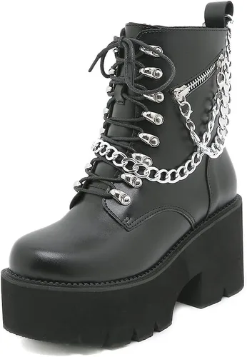 Vista 13 de mikarka Platform Boots for Women - Womens Combat Boots with Chain Design 1-negro