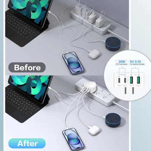 Vista 6 de Bloque de cargador USB C de 40 W, cargador de pared plana de 4 puertos, bloque de carga rápida [USB A y USB C] Adaptador de corriente multipuerto C