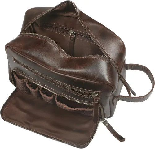 Vista 6 de Neceser de cuero para mujer, bolsa de cosméticos, kit Dopp, marrón oscuro, 10 x 4 x 5.5 pulgadas, vintage prémium
