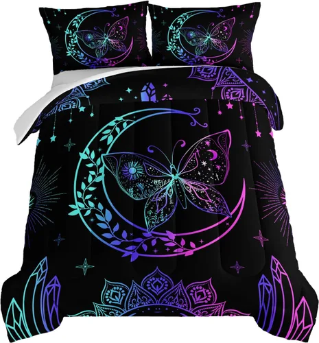 Vista 28 de Juego de edredón de mariposa HOSIMA con 2 fundas de almohada, edredón de galaxia con cielo estrellado lunar, decoración de habitación de mariposas