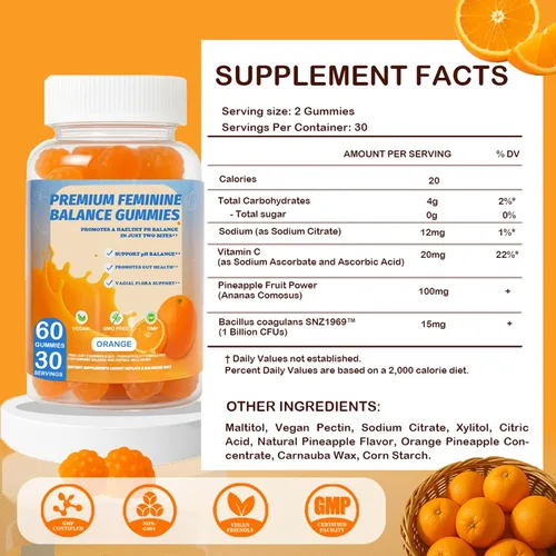 Vista 6 de DEWANG Gomitas de equilibrio femenino, equilibrio diario del pH y apoyo a la salud vaginal, probióticos para mujeres, olor y confianza, sabor a