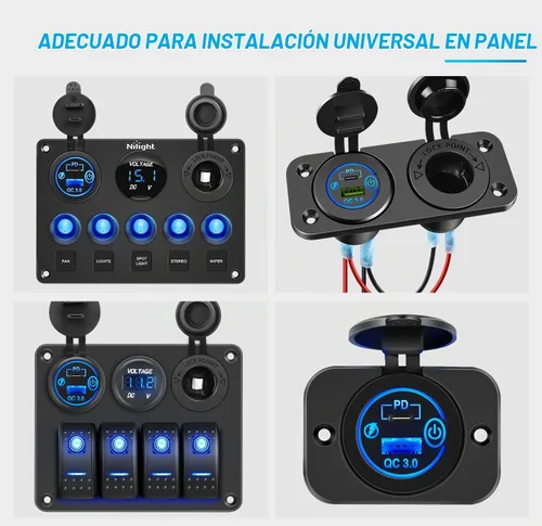 Vista 7 de Nilight 2 Pack PD Type C y QC 3.0 Panel de toma rápida USB con interruptor táctil LED ON Off, kit de cable fundido para coches, camiones