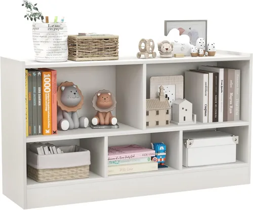 Vista 26 de MEDIMALL Organizador de almacenamiento de juguetes para niños de 5 cubos, estante de almacenamiento de madera de 2 niveles para libros y juguetes