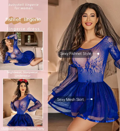 Vista 4 de Avidlove Lencería sexy para mujer, lencería de malla de encaje, babydoll de encaje, vestido de lencería de manga larga, camisola de malla, boudoir