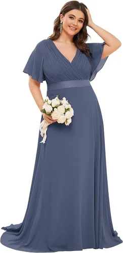 Vista 29 de Ever-Pretty Vestidos formales de noche de gasa para mujer con cuello en V de talla grande para mujeres con curvas, vestido de dama de honor de largo