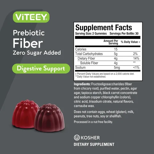 Vista 4 de Viteey - Gomitas de fibra prebiótica para adultos, 0.14 oz Gomitas de suplemento de fibra soluble digestiva y intestinal, sin azúcar, veganas, sin