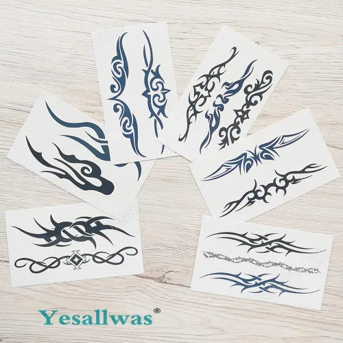 Vista 8 de Yesallwas 6 hojas de tatuajes falsos tribales pequeños tatuajes temporales azul negro tribal tatuaje tatuaje cuerpo adhesivo para hombres mujeres