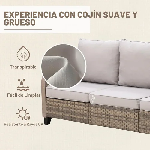 Vista 3 de Sofá de mimbre para patio, sofá para exteriores, 3 asientos Marrón/Gris