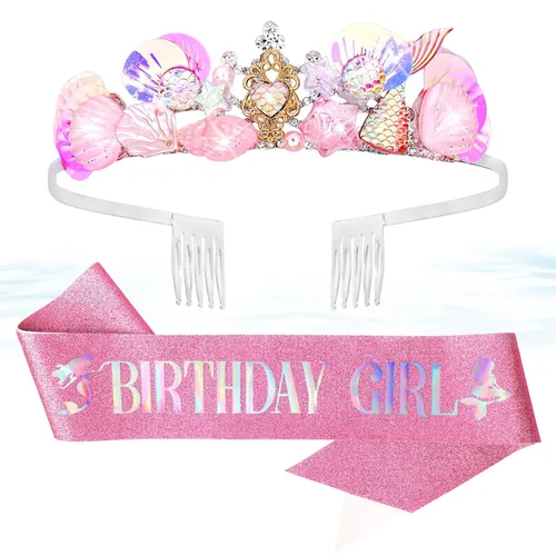 Vista 11 de CIEHER Corona de sirena, banda de cumpleaños, diadema de conchas para niñas, decoración de fiesta de sirena