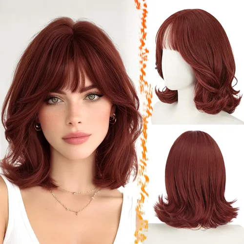 Vista 25 de BARSDAR Synthetic Short Layered Brown Highlights Bob Wig with Wispy Bangs