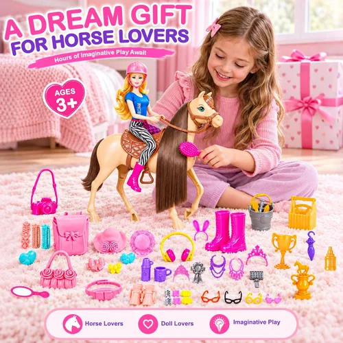 Vista 8 de 60 piezas de caballo de muñeca con muñeca, ropa y accesorios para regalos