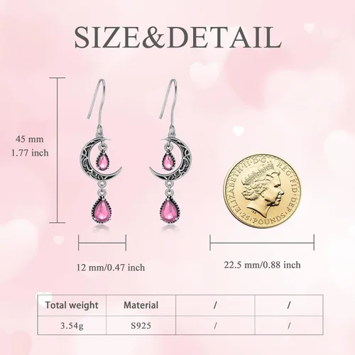 Vista 5 de Aretes de luna para mujer, plata de ley 925, aretes colgantes de luna celta, esmeralda, amatista, rubí, zafiro, rosa, peridoto, aguamarina, citrino