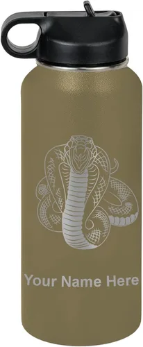 Vista 22 de LaserGram Botella de agua personalizada, serpiente de cobra, acero inoxidable de doble pared aislada al vacío con popote superior, regalo grabado