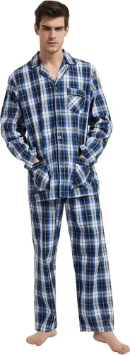Vista 6 de GLOBAL Conjunto de pijama de 100 % algodón para hombre, pijama de manga larga con botones para hombre, ropa de dormir suave y cómoda