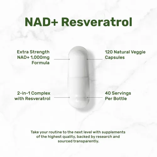 Vista 3 de Suplemento de resveratrol NAD+ de 1,000 mg por porción, 120 cápsulas vegetarianas Alternativa de suplemento NMN extra fuerte 2 en 1 Suplementos