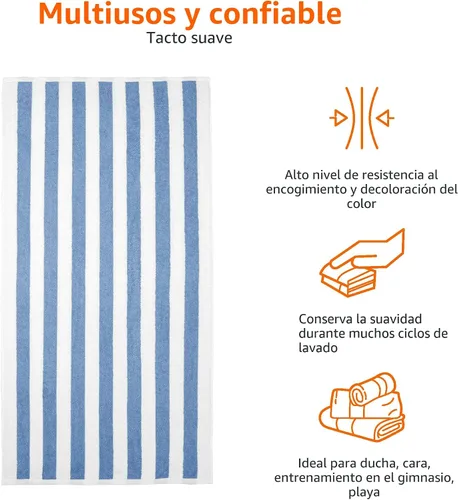 Vista 4 de Amazon Basics Toallas de playa a rayas, suaves y absorbentes, 100% algodón hilado en anillo, lavables a máquina, de secado rápido, certificado Azul