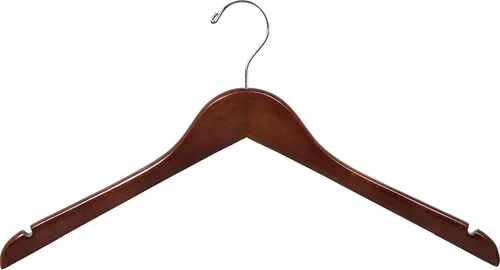 Vista 5 de Percha superior de madera, caja de 100 perchas planas de madera de 17 pulgadas que ahorran espacio con acabado natural, gancho giratorio cromado