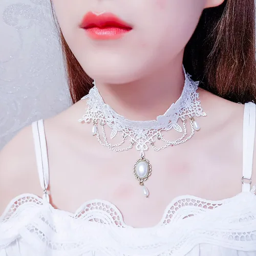 Vista 5 de YienDoo Gargantilla de encaje vintage con patrón de encaje gótico blanco, collar punk con borla y cuentas de perlas, gargantilla de princesa