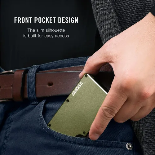 Vista 5 de The Ridge Cartera minimalista delgada para hombre con bloqueo RFID bolsillo frontal y tarjetero Oilva mate