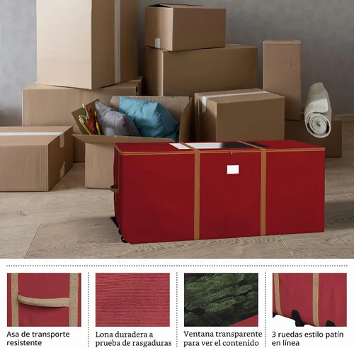 Vista 4 de Bolsa de almacenamiento para árbol de Navidad con ruedas - Bolsas de almacenamiento resistentes para árboles artificiales de 3.7 m, decoración Rojo