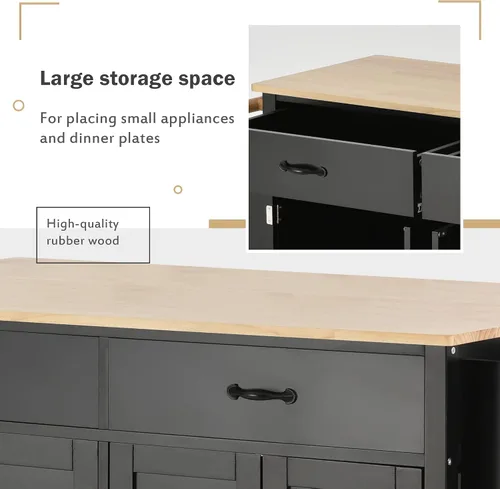 Vista 6 de Isla de cocina con ruedas con escritorio de madera maciza, mesa de isla de cocina con 2 cajones, carrito de isla de cocina con armario