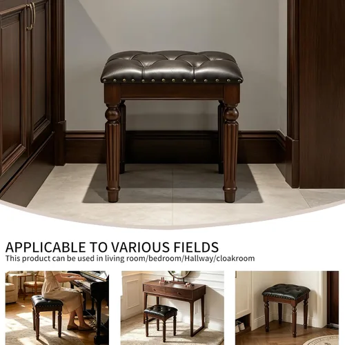 Vista 8 de Taburete de tocador blanco con asiento de cuero copetudo y patas de madera maciza talladas, banco de tocador de fácil montaje, taburete