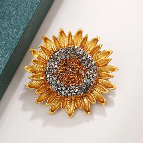 Vista 4 de Broche de girasol con diamantes de imitación, vintage, dorado, amarillo, elegante, para mujer, collar multiusos