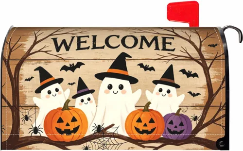 Vista 10 de Halloween Pumpkin Black Cat Mailbox Covers Magnetic Standard Size 18 X 21 Fall Maple leaves Spooky Themed Holiday Decorations Mailbox Wrap Post