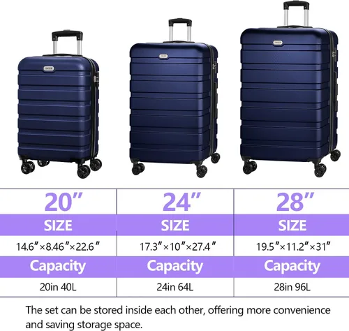 Vista 3 de AnyZip Maleta ligera de policarbonato ABS con 4 ruedas universales TSA Lock Azul oscuro