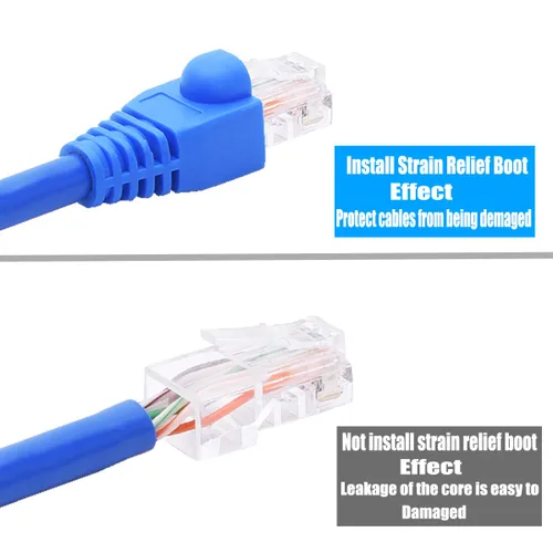Vista 4 de Conectores de paso RJ45 Cat6, extremos 8P8C chapados en oro y botas de alivio de tensión azules para conector de cable de red Ethernet CAT6 RJ45