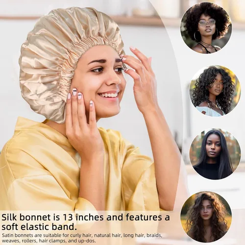 Vista 3 de Capó de satén de seda capó capó para dormir capó de satén para cabello natural capo para mujeres capó de seda para cabello natural (champán)