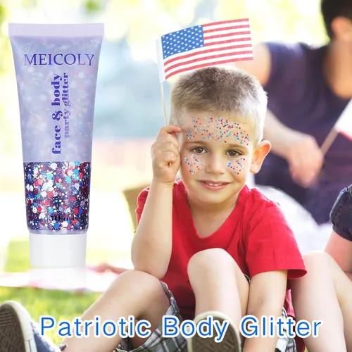 Vista 4 de MEICOLY Purpurina corporal roja, blanca y azul, accesorios del 4 de julio, purpurina para el cabello para niños, atuendos del 4 de julio