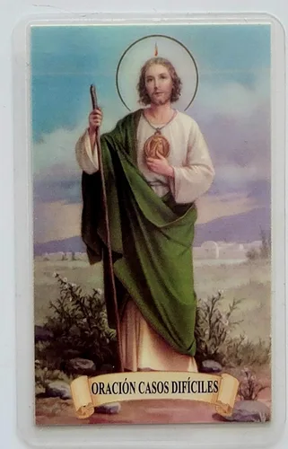 Vista 2 de San Tadeo Judas Casos Dificiles Oracion de Bosillo con Rosario de Madera Hecho a Mano