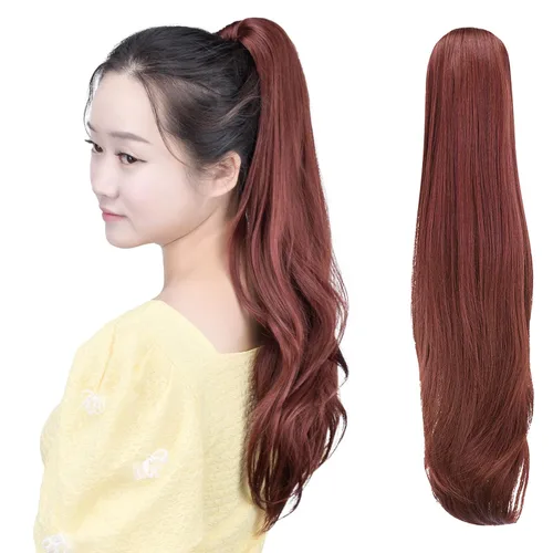 Vista 29 de Cola de caballo con clip, color castaño rojizo, ondulado de 10 pulgadas, extensión de cola de caballo de 3.3 onzas, extensiones de cabello sintético