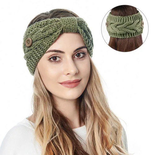 Vista 2 de Calentadores de orejas para mujer, diademas de invierno con botones para máscara, bandas de punto de ganchillo